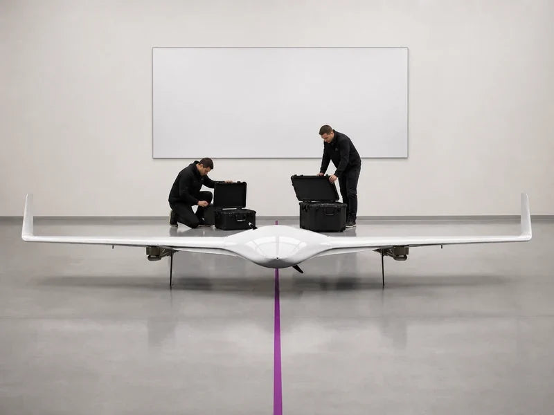 UG21 fixed-wing VTOL at a neutral deliverables review with unmarked cases and a blank sign-off board