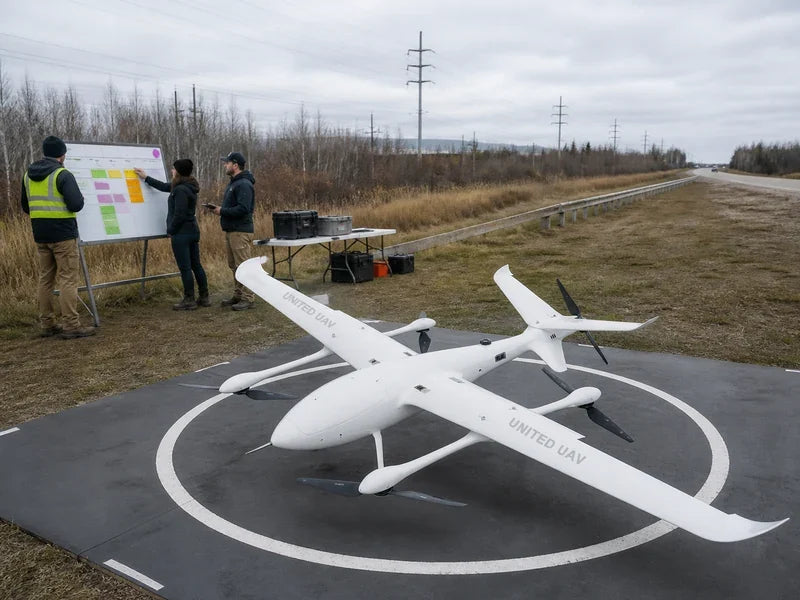 UG32 fixed-wing VTOL beside a neutral route patrol mission status board and segment markers