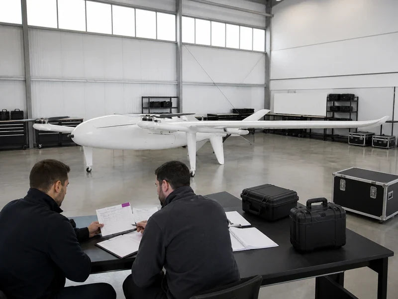 UG25 fixed-wing VTOL in a neutral procurement review with unmarked inclusion and exclusion cards