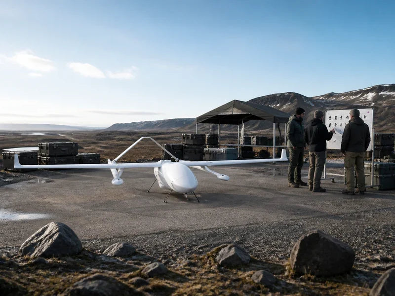 UG62 heavy-payload VTOL in a hangar with unmarked spares cases and a blank turnaround status board