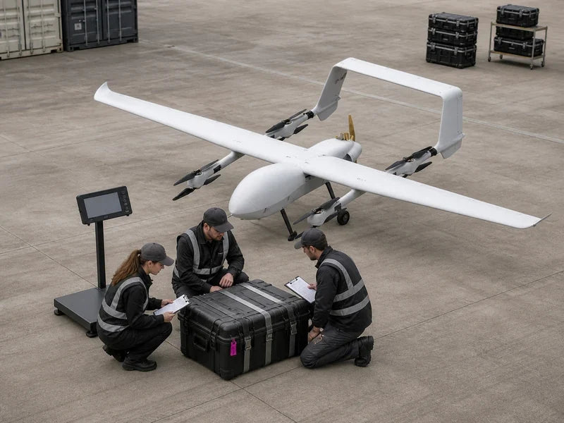 UG82 heavy-lift VTOL in a neutral hangar with unmarked load cases, a scale, and a release-review station