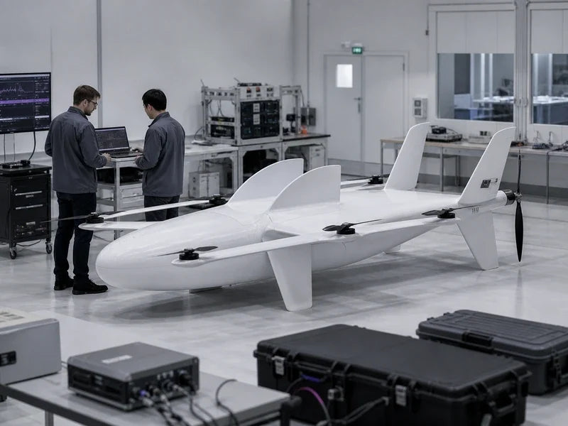 UG35 fixed-wing VTOL in a payload integration laboratory during a power-budget evidence review