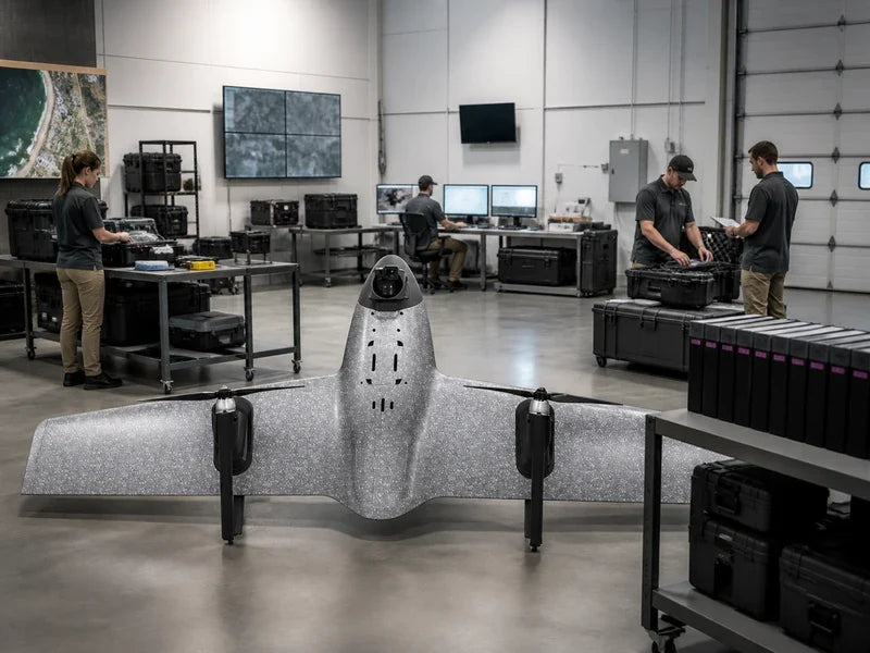 UVH1 survey VTOL beside a team organizing project closeout records and data archives