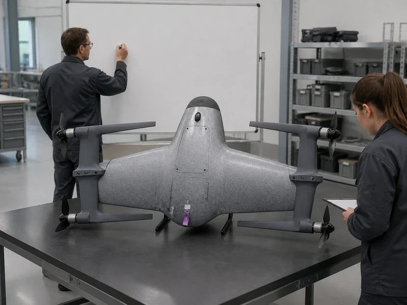 Fully assembled UVH PNP VTOL in a production workshop during unit-level batch acceptance