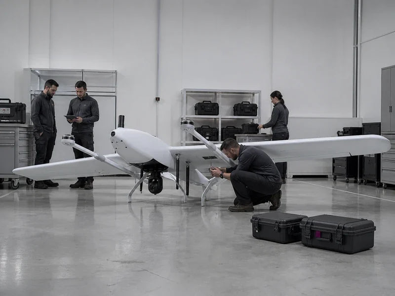 UIV2200 multi-payload VTOL in a readiness hangar with separate sensor cases and configuration records