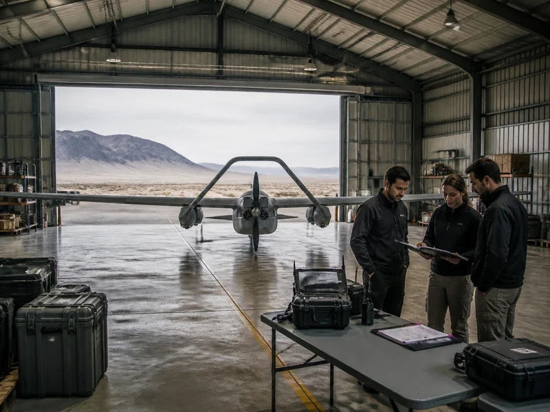 UG73 heavy fixed-wing VTOL in a configuration acceptance bay with procurement evidence records