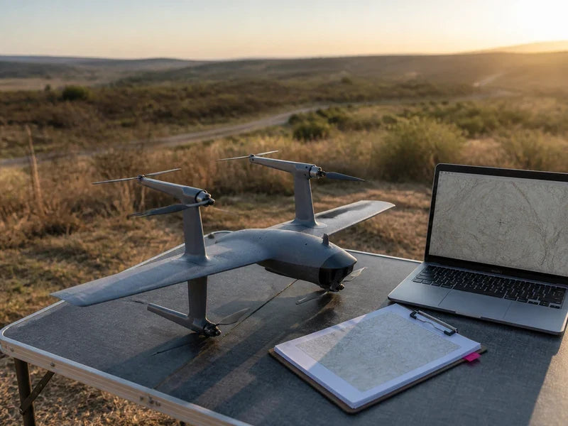 Complete UVH-RTF fixed-wing VTOL at a field table during a mission-evidence boundary review