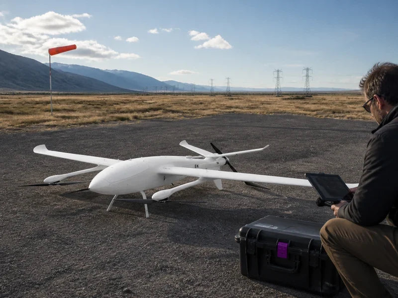 Complete UG39 fixed-wing VTOL on a corridor staging pad during a wind-evidence review