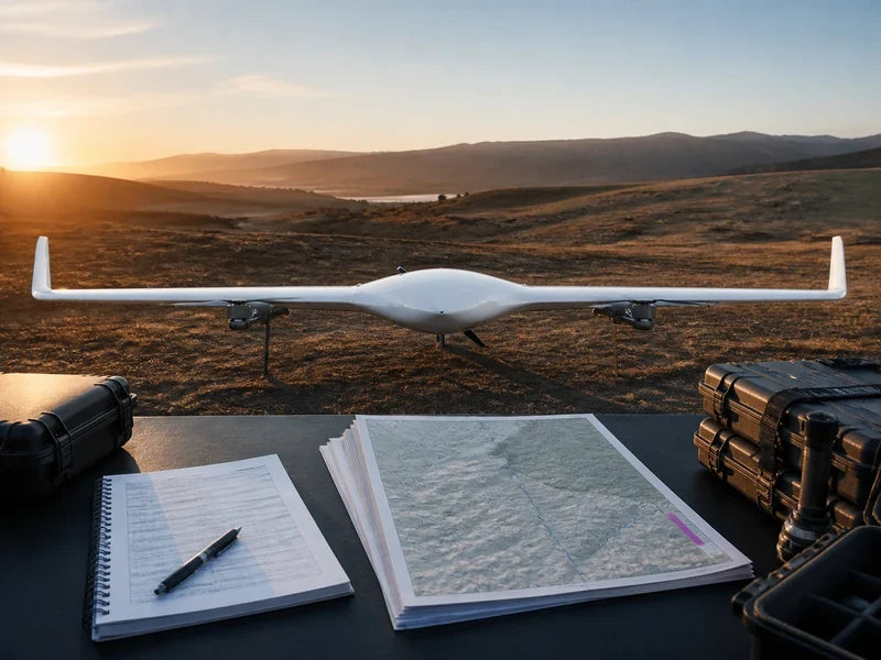 Complete UG21 flying-wing VTOL beside a mapping bid-assumptions workbook at a field staging area