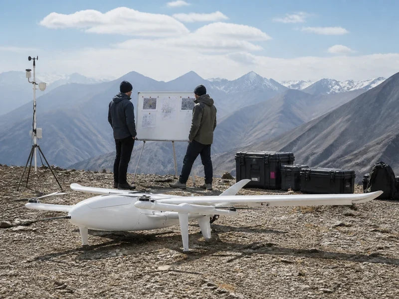 Complete UG25 fixed-wing VTOL at a highland base camp during a mapping-readiness review
