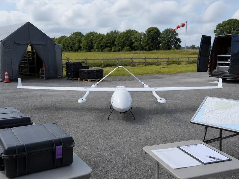 Complete UG62 hybrid fixed-wing VTOL at an emergency-logistics staging area during an evidence review