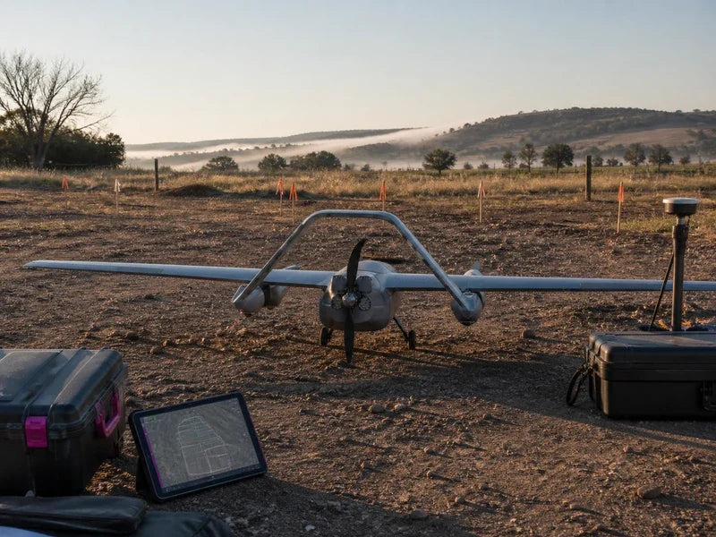 Complete UG73 fuel-powered VTOL at a property-mapping staging area during a boundary and acceptance review