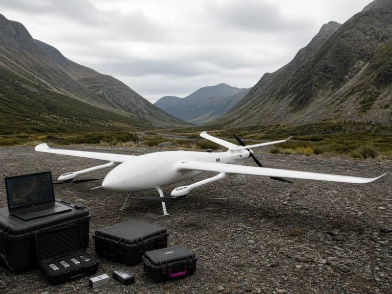 Complete UG39 fixed-wing VTOL at an extended-route staging point during a capacity and reflight review