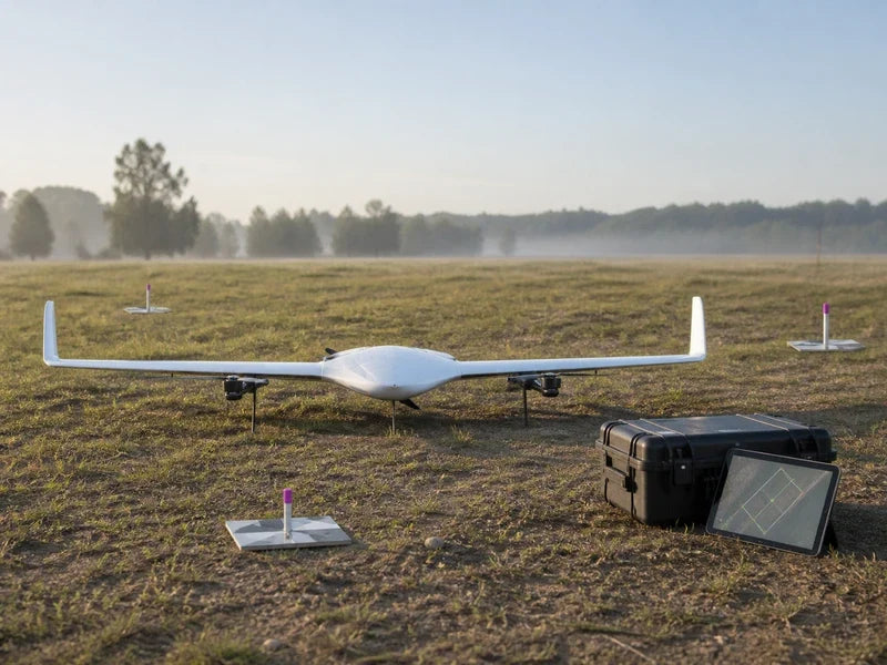 Complete UG21 flying-wing VTOL beside a representative mapping-block acceptance review
