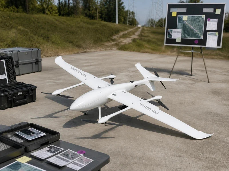 Complete UG32 fixed-wing VTOL at a route-patrol staging area during a finding-escalation review