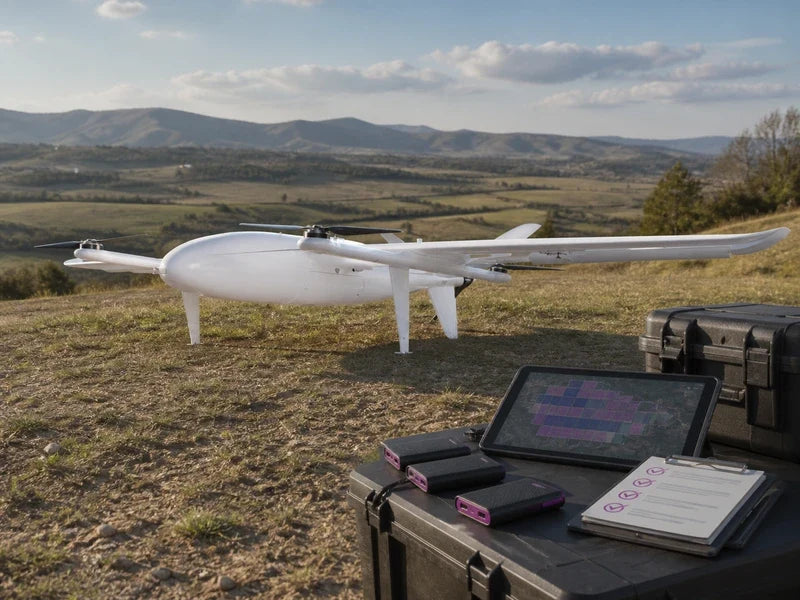 Complete UG25 fixed-wing VTOL at a wide-area mapping site during a data-release review