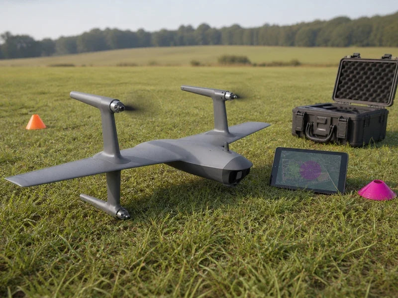 Complete UVH-RTF fixed-wing VTOL at a training field during a camera-mission scope review