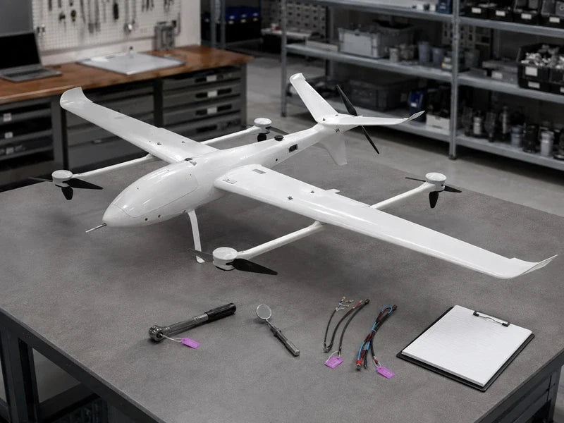 Complete UG32 fixed-wing VTOL on a workshop stand during a sensor mount inspection