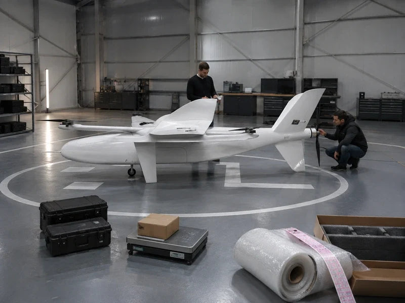 Complete UG35 fixed-wing VTOL in an industrial receiving bay during payload acceptance checks