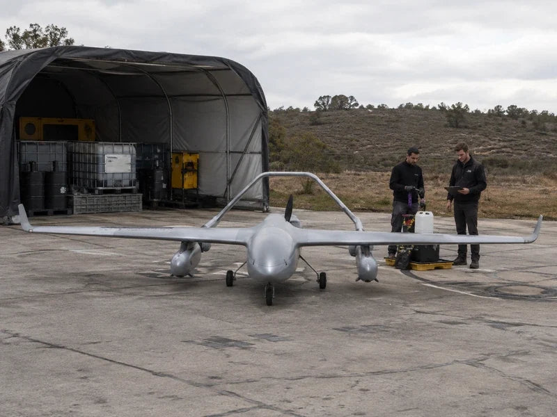 Complete UG73 fuel-powered fixed-wing VTOL at an industrial fuel logistics readiness area