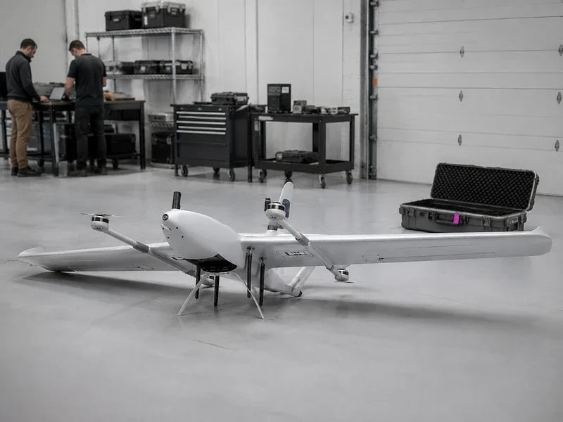 Complete UIV2200 fixed-wing VTOL in an industrial hangar during a mission-kit retirement review
