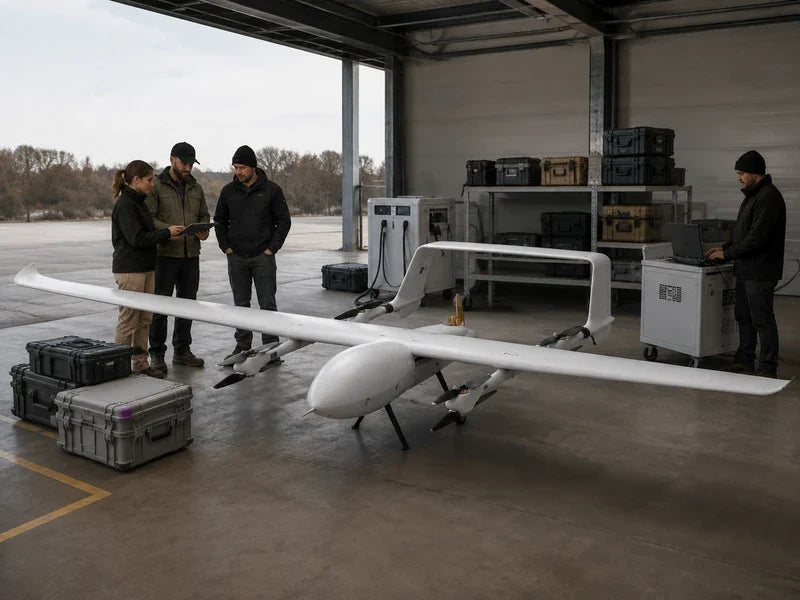 Complete UG82 heavy-lift fixed-wing VTOL in an industrial staging bay during a program expansion review