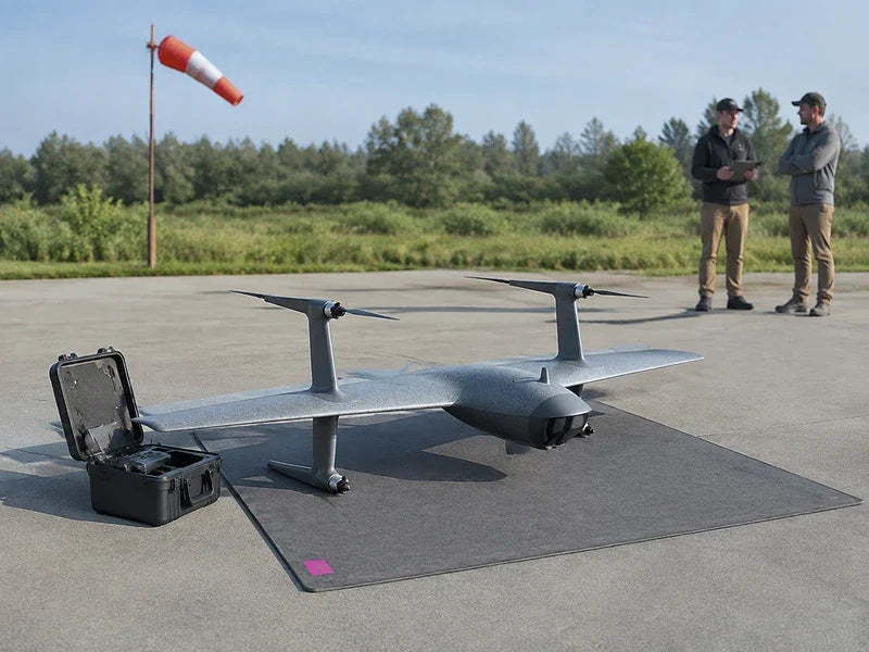 Complete UVH-RTF flying-wing VTOL on a civilian training pad during buyer acceptance checks