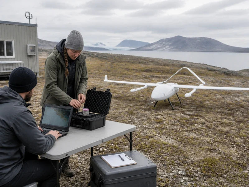 Complete UG62 hybrid fixed-wing VTOL at a wetland monitoring base with sealed sensor equipment