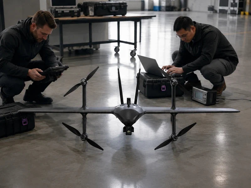 Complete UVH2 dual-sensor fixed-wing VTOL in an industrial bay during thermal payload maintenance review