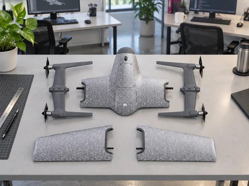 UVH-PNP airframe kit arranged in a bright engineering office with receiving workstations
