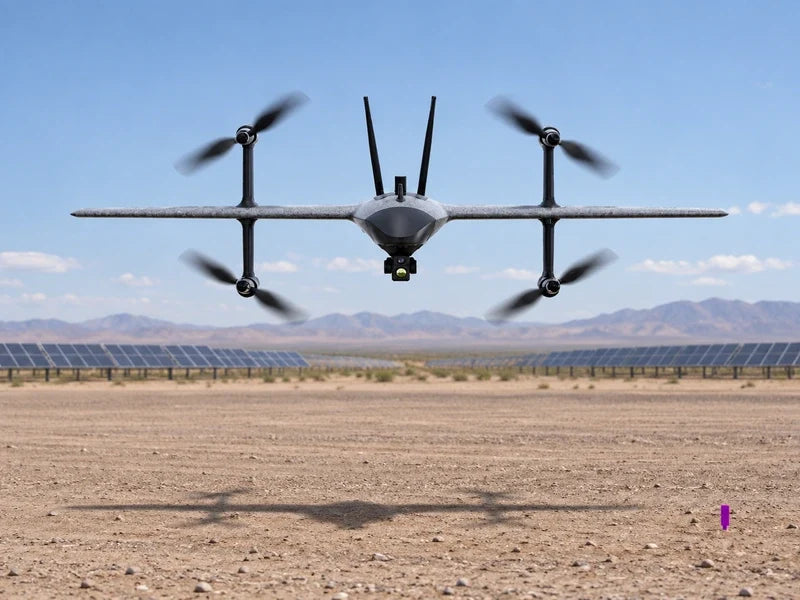 UVH2 airborne above a clear civilian staging area outside solar-panel rows