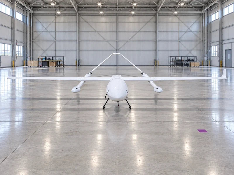 UG62 on its landing gear in a shared civilian equipment depot with separated staging zones