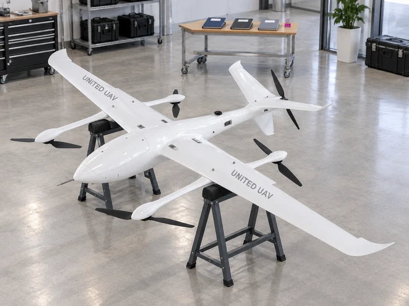 UG32 on separate padded trestles in a bright equipment hall with proposal folders behind