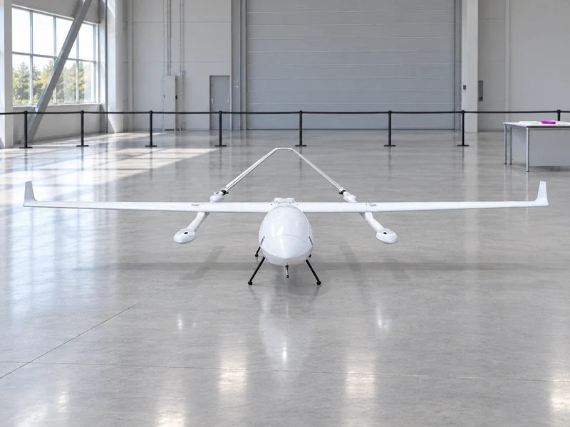 UG62 on its original black landing supports in a bright civilian visitor evaluation bay