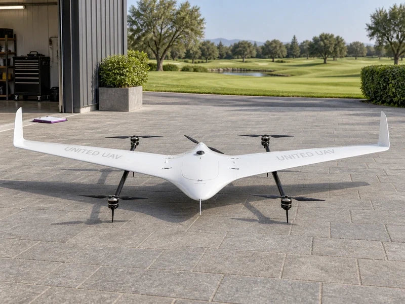 UG21 full reference-matching aircraft supported in an empty golf-course equipment court with distant green turf and a neutral maintenance shed