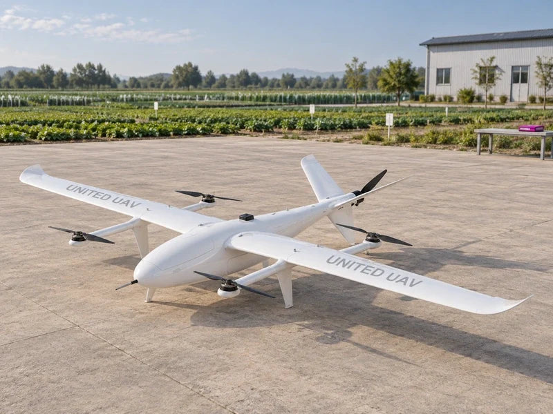UG25 full reference-matching aircraft at a civilian agricultural trial station with neat unmarked crop plots in the far background