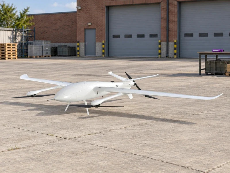 UG39 full aircraft on a paved civilian survey depot court with a distant unbranded railway maintenance building and no active tracks or people