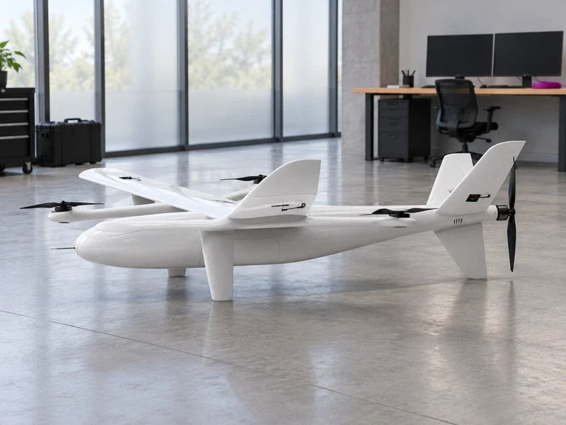 UG35 full aircraft in a bright geospatial data studio, distant closed monitors and a small magenta cable sleeve only on the separate desk