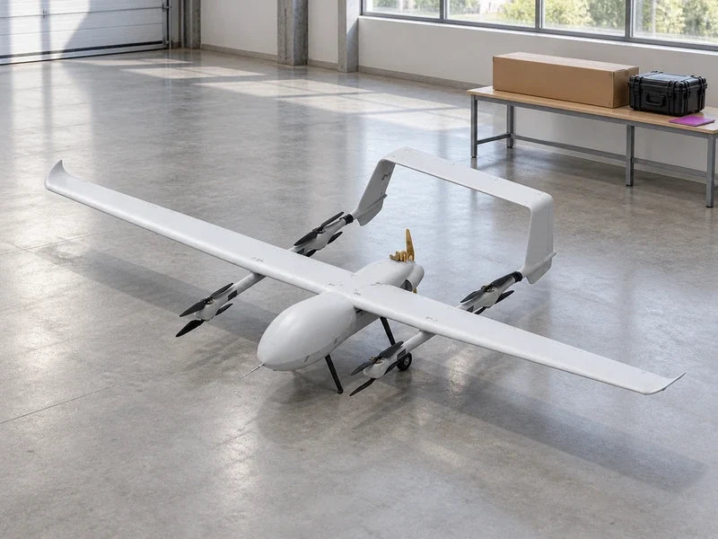 UG82 full reference-matching aircraft in a clean civilian logistics evaluation hall with a separate closed long carton and compact case, neither attached to the aircraft