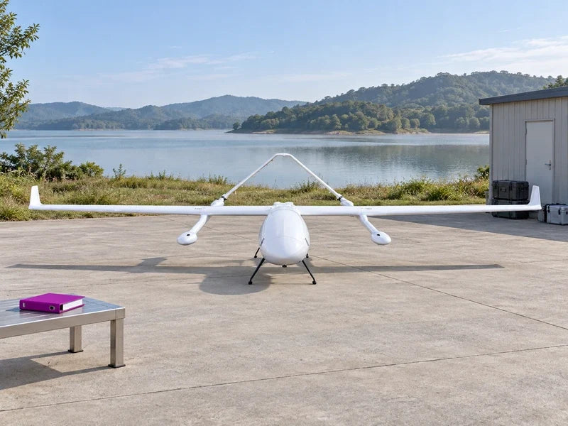 UG62 on its original landing supports in a quiet civilian lakeside equipment court, reservoir visible in the distance