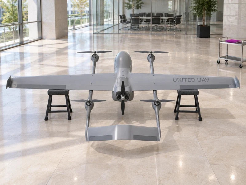 UG73 on separate padded trestles in an elevated rear view inside a civilian procurement atrium with a distant meeting area