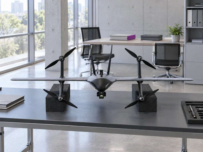 UVH2 resting on padded supports in a bright civilian inspection cost-review studio with closed folders on a separate desk