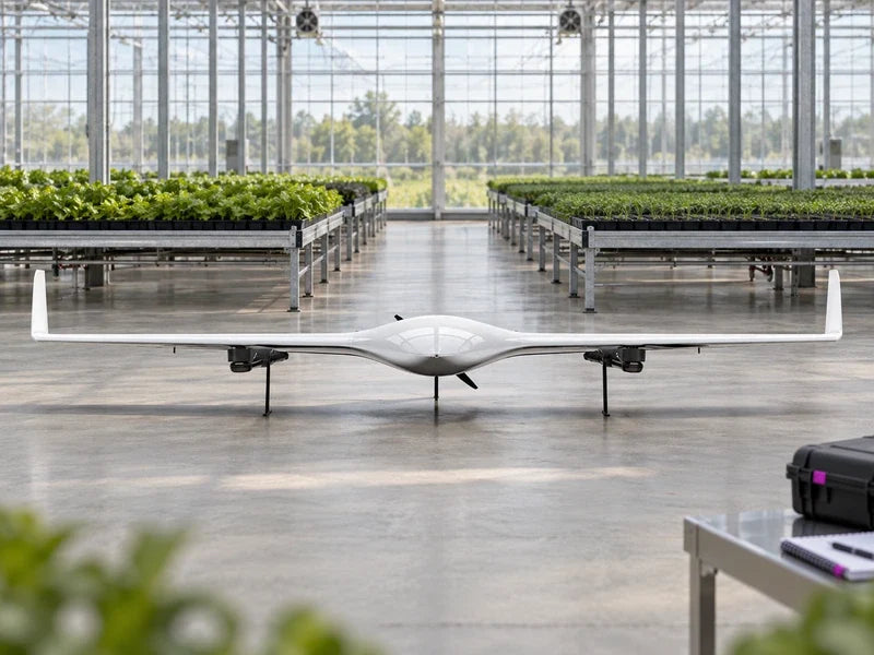 UG21 viewed directly from the front on its original supports in an empty nursery equipment aisle, plant production beds behind