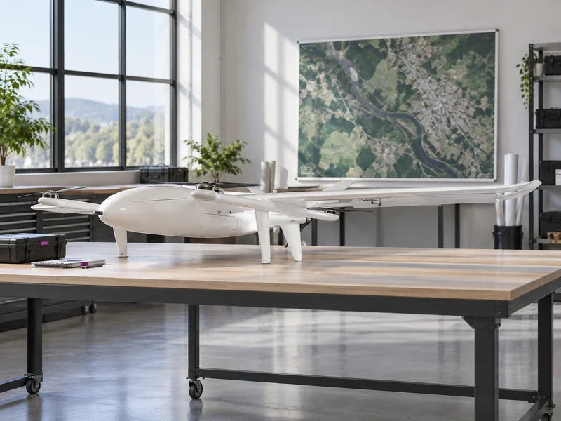 UG25 side-front reference angle on its own landing legs in a bright mapping print room with a separate unlabelled map board