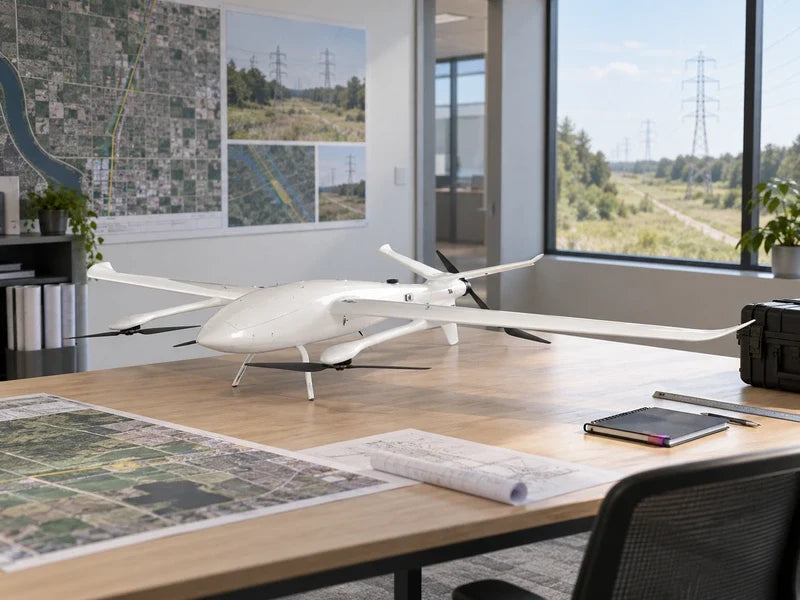 UG39 full aircraft at its reference front-quarter angle on its original legs in a civilian corridor planning annex with distant unoccupied utility easement