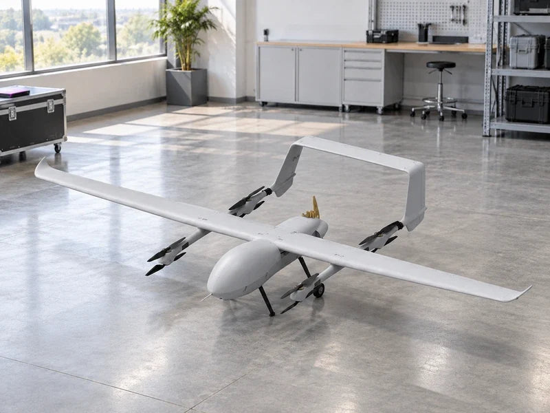 UG82 full reference-angle aircraft on its original landing gear inside a bright civilian equipment evaluation hall with a simple empty review bay