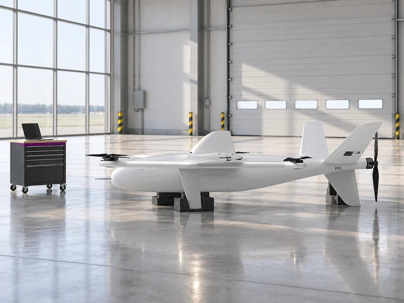 UG35 parked intact in a spacious civilian maintenance-planning bay with a separate empty mobile workstation
