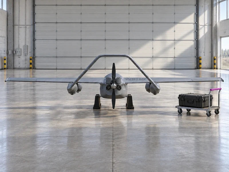 UG73 parked intact in an empty survey contractor loading hall with a separate closed job-record case