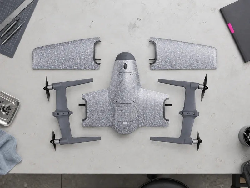 Unassembled UVH-PNP kit with five main parts on a pale technical bench beside a closed folder
