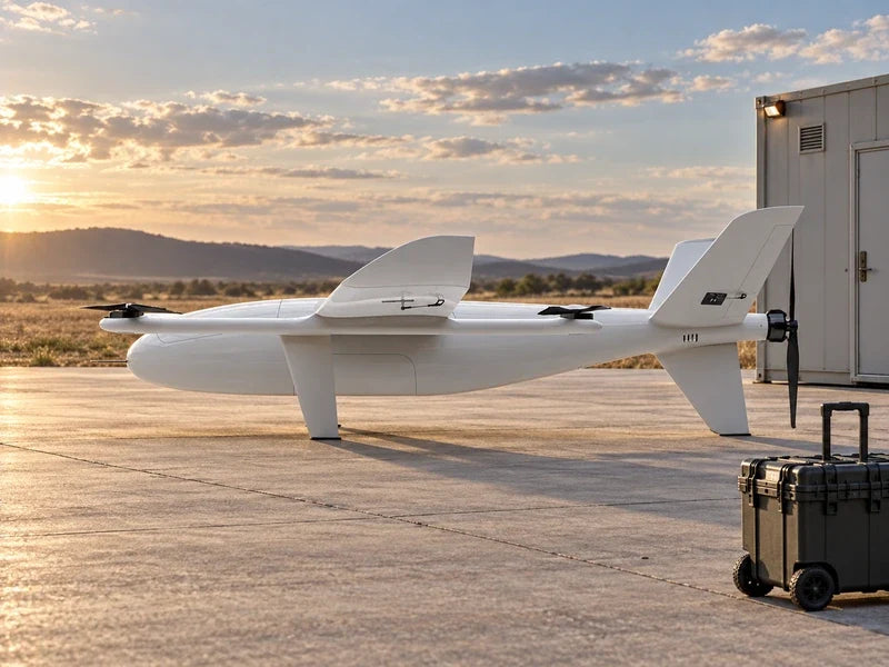 Complete UG35 in side profile on an outdoor apron beside a field shelter at sunset, separate data trolley in foreground